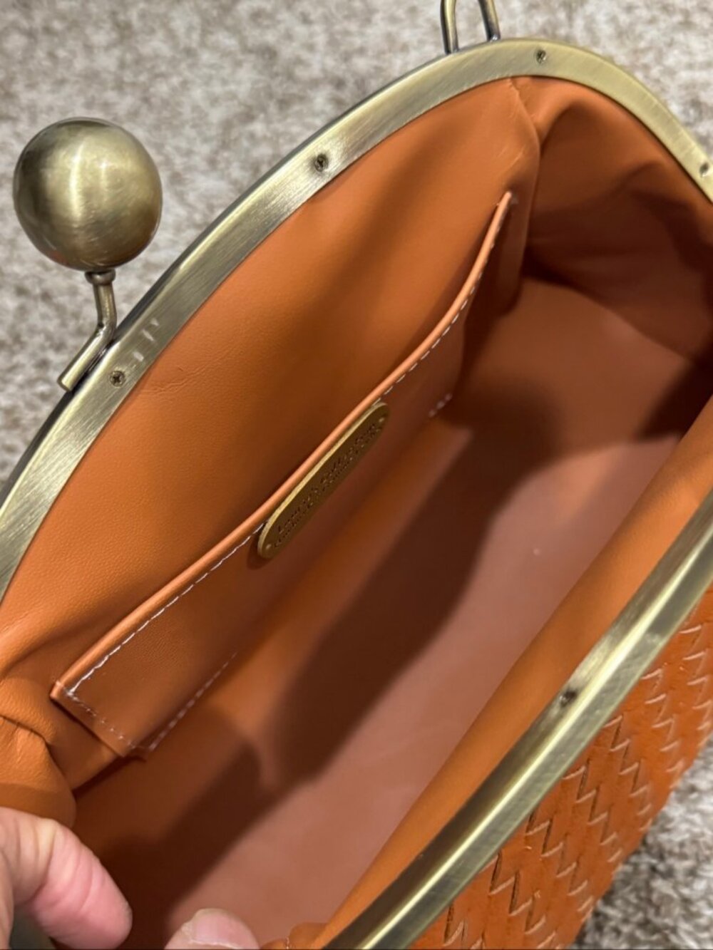 Orange Woven Leather Handmade Kisslock Bag, Vintage Cowhide Crossbody - Picture 16 of 16